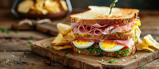 Wall Mural - Healthy fast food concept with copy space image showcasing a fresh club sandwich with ham cheese boiled eggs and potato chips on a wooden background