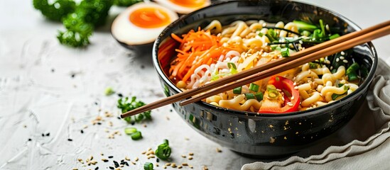 Fototapete - A vegetarian ramen bowl with chopsticks on a bright table leaving room for writing next to a copy space image