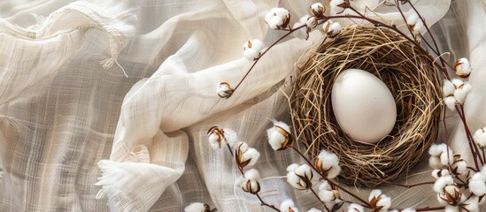 Aufkleber - Top view of Easter themed decoration featuring an egg nestled in a nest and cotton on a textured rustic linen canvas background Perfect for a spring greeting card with copy space image