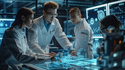 Poster - Group team work programer and engineer working AI robot arm system. Business people Start-up production process technology and logic control constructing arm system project.
