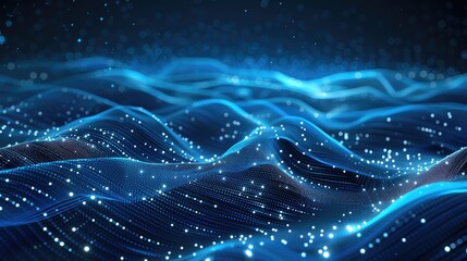 Poster - Abstract glowing waves in blue tones create a mesmerizing digital ocean, perfect for backgrounds and technology themes.