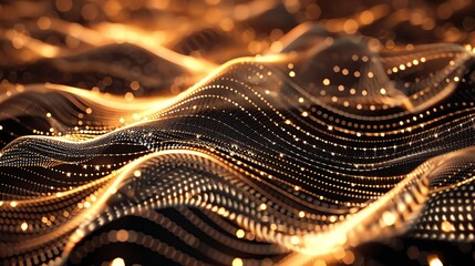 Poster - A mesmerizing wave pattern of glowing golden lights creates a stunning visual effect, perfect for high-tech or artistic themes.