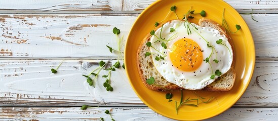 Aufkleber - Top view of a healthy breakfast scene a yellow plate holds toast topped with an egg and micro greenery on a white wooden surface offering copy space image