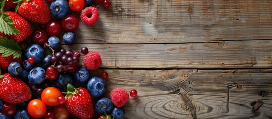 Poster - Summer fruits and berries beautifully displayed on a wooden background with copy space image