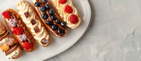 Aufkleber - Top view of eclair cakes displayed on a white plate background with copy space image