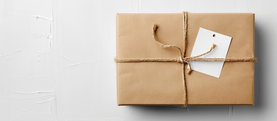 Fototapete - Top view of a parcel box wrapped in craft paper with an empty label mockup on a white background providing ample copy space for customization