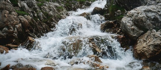 Aufkleber - Water cascading down a rocky mountain with a copy space image