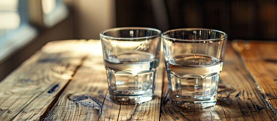Poster - On a wooden table inside there are two glasses of water with a copy space image