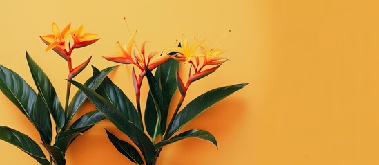 Poster - A summer themed flat lay picture featuring strelizia flowers against a copy space image