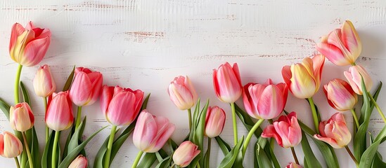 Poster - Fresh tulips arranged in a frame creating a spring background with a designated area for text in the image. Creative banner. Copyspace image