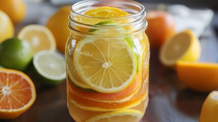Aufkleber - A jar filled with citrus slices including lemons, oranges, and limes sits on a wooden surface, surrounded by whole fruits, showcasing vibrant colors and freshness.