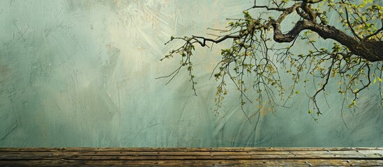 Sticker - A willow tree branch stretching above a textured wooden surface with copy space image available