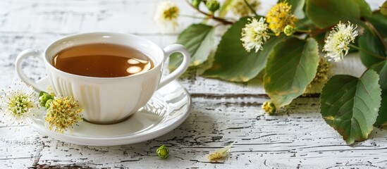 Poster - Selective focus on a rustic vintage white wooden table with a white cup and saucer featuring blooming linden tea or tilia basswood illustrating an herbal tea concept with a copy space image