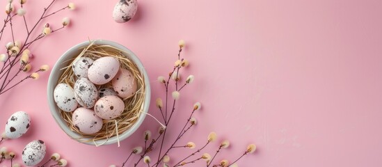 Poster - Easter greeting card with white basket of quail eggs and dry grass branch on pink background featuring copy space image for a religious themed pastel colored spring design