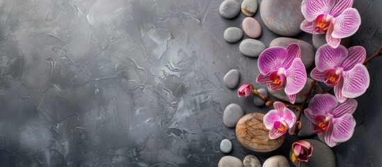 Aufkleber - Grey background adorned with a display of spa stones and orchid flowers perfect for adding text in the available copy space image