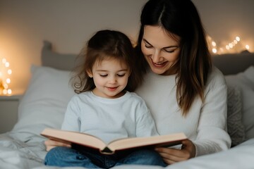 a mother reading a book to her daughter in a cozy bedroom, surrounded by warm lights, showcasing a l
