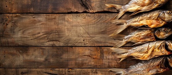Poster - Wooden background with copy space image featuring dried fish