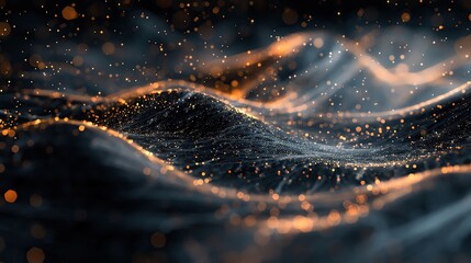 Poster - Abstract waves of light and shadows create a captivating landscape with shimmering particles, evoking a sense of depth and motion.