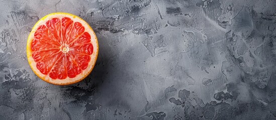Poster - A ripe grapefruit placed elegantly on a neutral concrete gray background symbolizing healthy nutrition and diet with copy space image