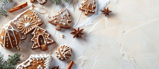 Fototapete - On the table there is a festive display of Christmas gingerbread cookies shaped like houses surrounded by copy space image