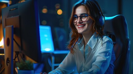 Wall Mural - Portrait of cheerful intelligent manager lady toothy smile operating pc typing code workstation business center indoors. copy space for text.