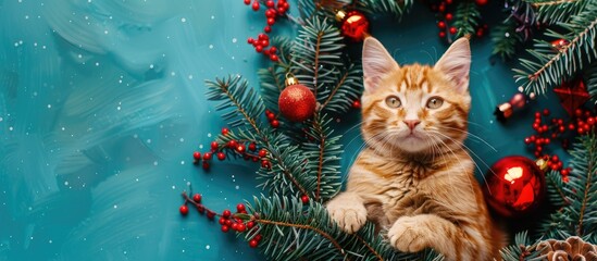 Poster - Smiling cat surrounded by Christmas garland on blue background with copy space image