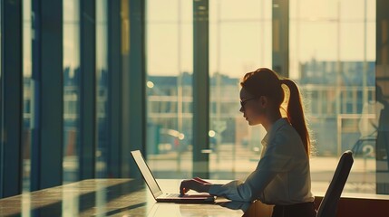 Poster - Professional female employee or a businesswoman using a laptop in a modern office. Copy space for text.