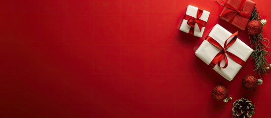 Poster - Red background with copy space image for text showcasing the Christmas presents concept