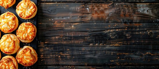 Poster - A line up of cheese scones placed neatly on a vintage black wooden table with a vast copy space image available