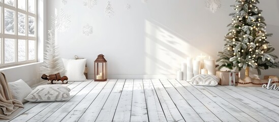 Aufkleber - Background of a white wall and wooden floor with wide open space for your decorations and cozy pillows perfect for Christmas with room for a copy space image