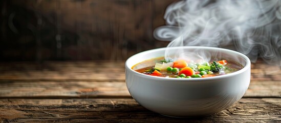 Poster - Selective focused image of vegetable soup in a white bowl on a wooden table with smoke rising leaving room for text or other elements. Creative banner. Copyspace image