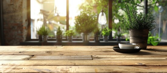 Poster - Wooden table in a coffee shop background with a plant coffee cup and ashtray offering copy space image