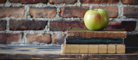 Poster - Vintage books and a green apple arranged on a wooden table against an old brick wall as a backdrop creating a rustic ambiance in a copy space image