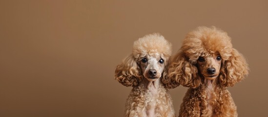 Poster - Two delightful poodles stand side by side in front of a brown background with copy space image