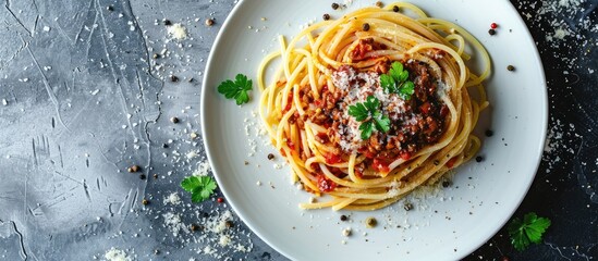 Poster - Savoring spaghetti bolognese sprinkled with black pepper and salt on a white plate against a textured backdrop with ample copy space for additional elements