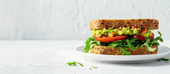 Wall Mural - A sandwich with guacamole and heirloom tomato on wheat bread displayed on a white plate against a white background with copy space image