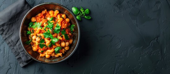 Wall Mural - Top view image of an Italian recipe featuring ditalini pasta and chickpeas with copy space available