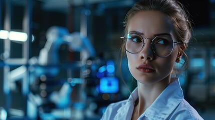 Poster - smart woman robot engineer programmer work in robotic lab research and development team. student engineer concept. copy space for text.