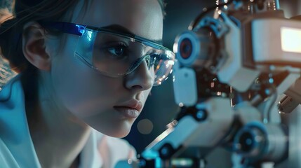 Poster - smart woman robot engineer programmer work in robotic lab research and development team. student engineer concept. copy space for text.