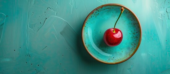 Aufkleber - A ripe cherry placed on a visually appealing plate against a blue backdrop portrays the natural beauty of seasonal fruits Horizontal food photo with copy space image