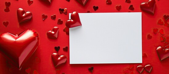 Wall Mural - Red background with hearts and a blank paper card for text Copy space image