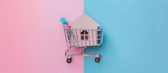 Aufkleber - Home buying idea featuring a shopping cart with a house icon on a pink and blue backdrop in a top down view with copy space image