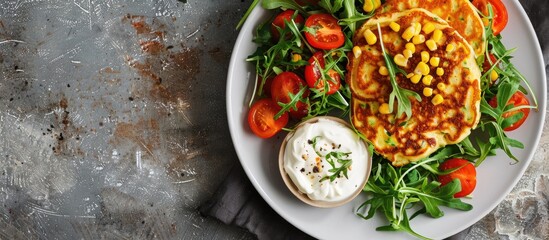 Aufkleber - Zucchini pancakes topped with a creamy mix of corn and sour cream accompanied by a fresh arugula and tomato salad displayed in a copy space image