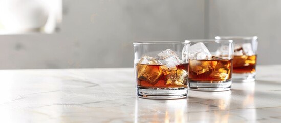 Poster - Modern glasses containing whiskey served with ice displayed in a copy space image