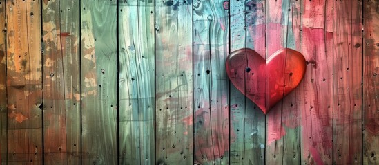 Poster - Vintage Valentine background with a heart on wooden planks backdrop featuring a gradient ideal for including text or elements. Creative banner. Copyspace image