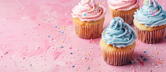 Aufkleber - Galaxy whipped cream topped cupcakes on a pink backdrop with a space for text or image. Creative banner. Copyspace image