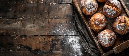 Poster - Top down view of a wooden tray in a bakery setting with ample copy space image