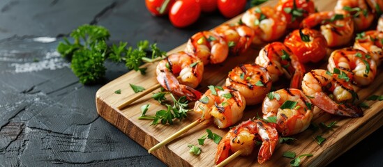 Aufkleber - Wooden board with delicious grilled shrimp skewers and fresh tomatoes displayed in the image with copy space