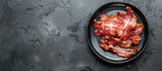 Sticker - Top view of a plate with crispy bacon slices on a textured dark surface offering ample copy space image