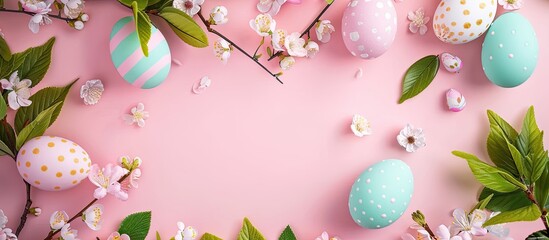 Aufkleber - Easter themed arrangement featuring eggs leaves and blank photo frame against a soft pink background with copy space image
